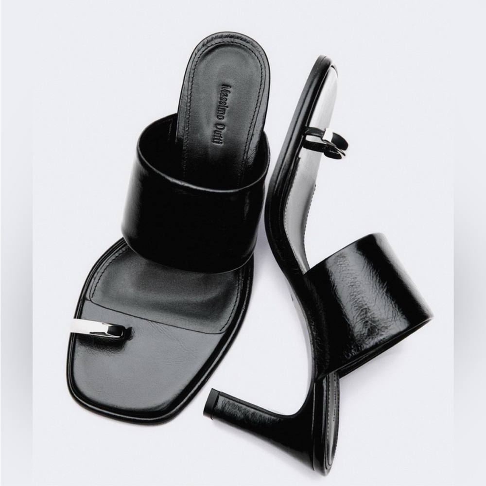 Massimo Dutti Black Patent Leather Heeled Slide Sandals